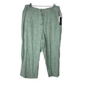 Violets & Roses Womens 12 Pants Linen soft Sage Wide Leg Cropped Pleated Buttons